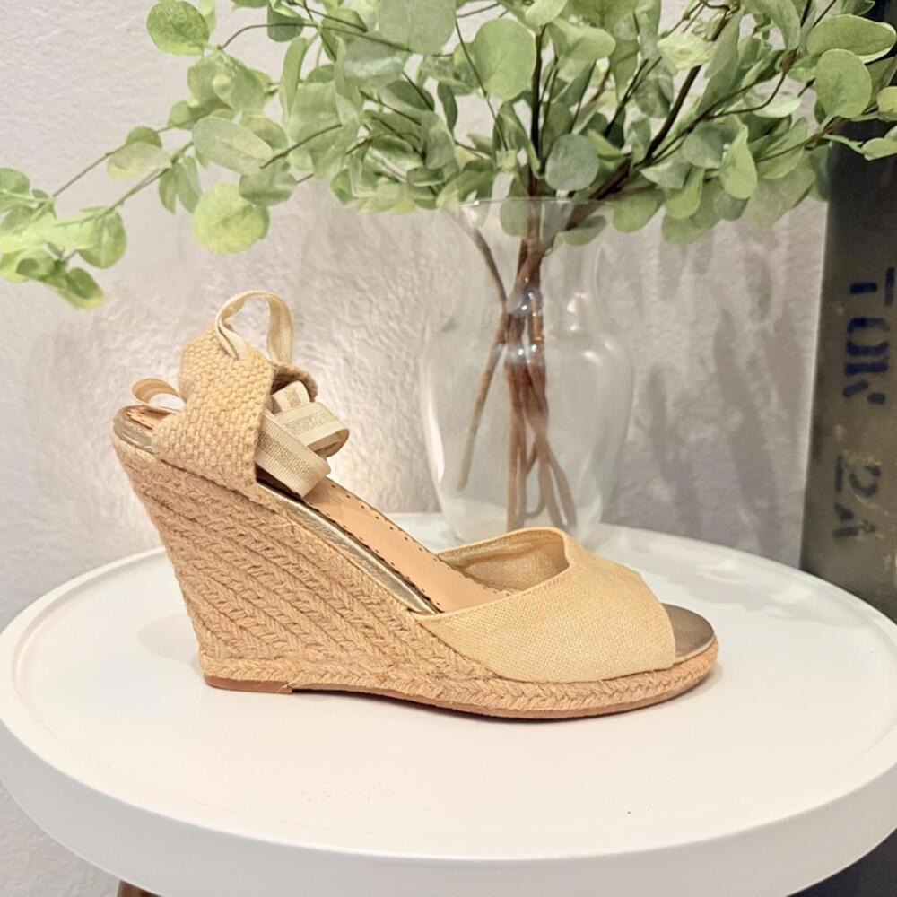 Lilly Pulitzer Alysa Wedge Espadrille Gold Peep Toe Excellent Womens 7